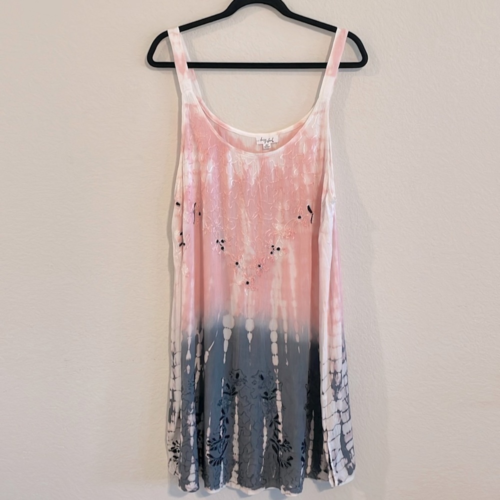 Daisy Island Wonens Swing Dress XL Pink & Grey Tie Dye Floral Embroidered Boho